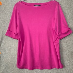 Lauren Ralph Lauren 1X Pink Knit Boat Neck Cuffed Sleeve Cotton Blouse
